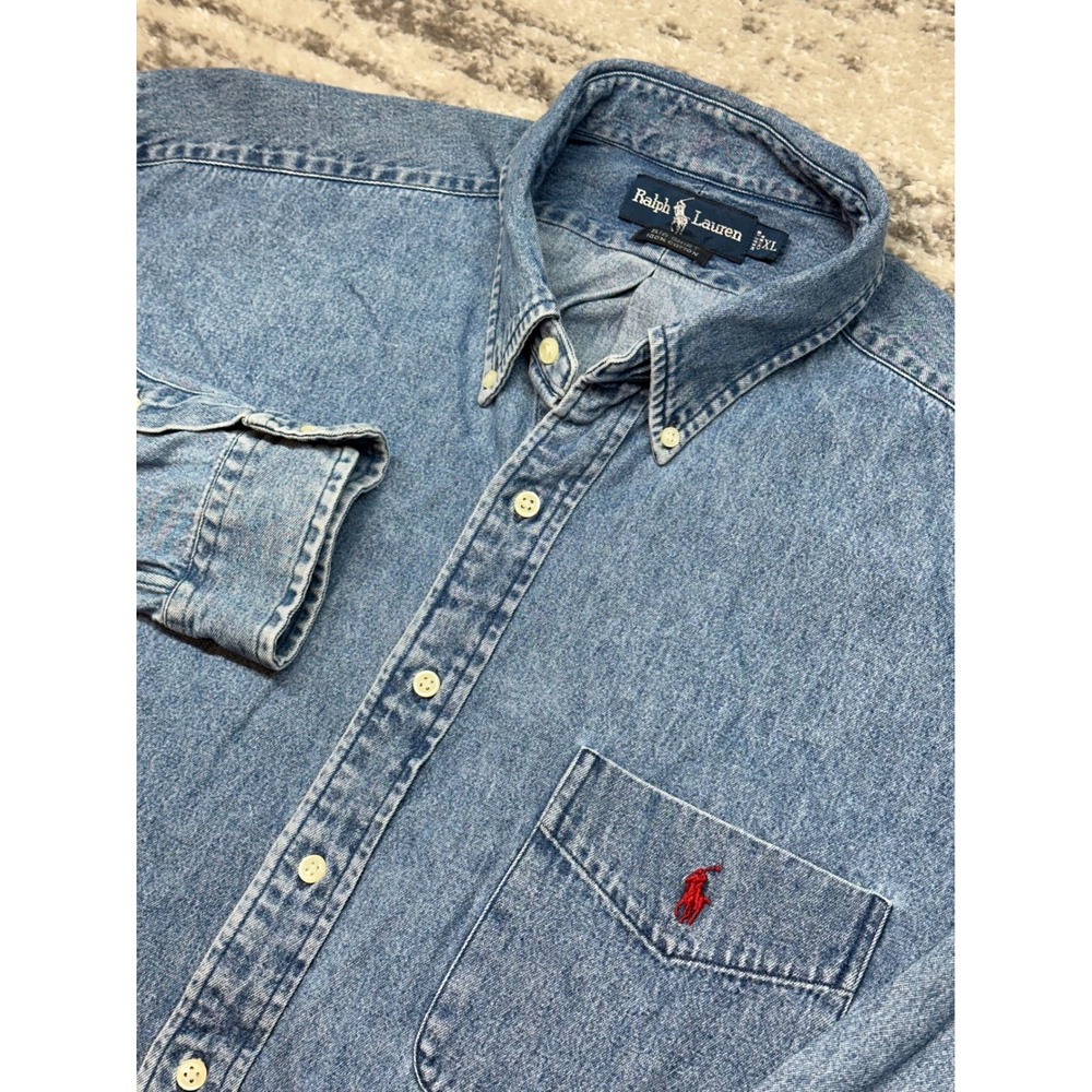 Vintage Ralph Lauren Big Shirt Mens XL Blue Denim Long Sleeve Button Down Pocket